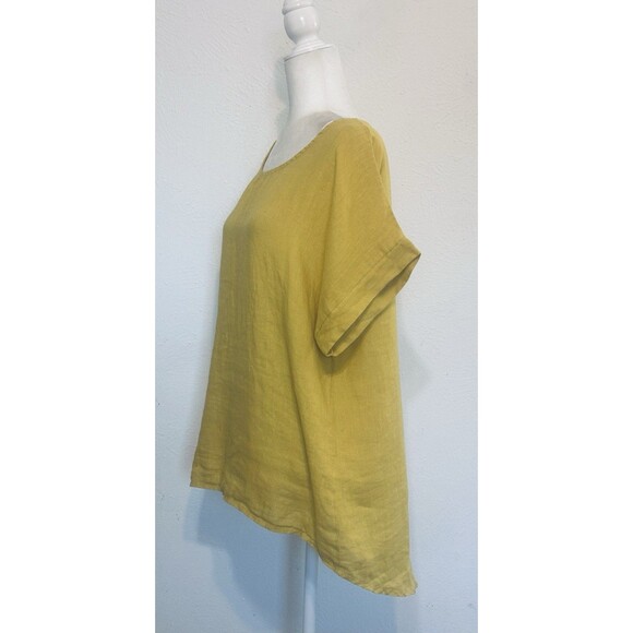 TERZO MILLENNIO Women Size L Mustard Linen Embroidered Top Timeless Lagenlook - Picture 3 of 9
